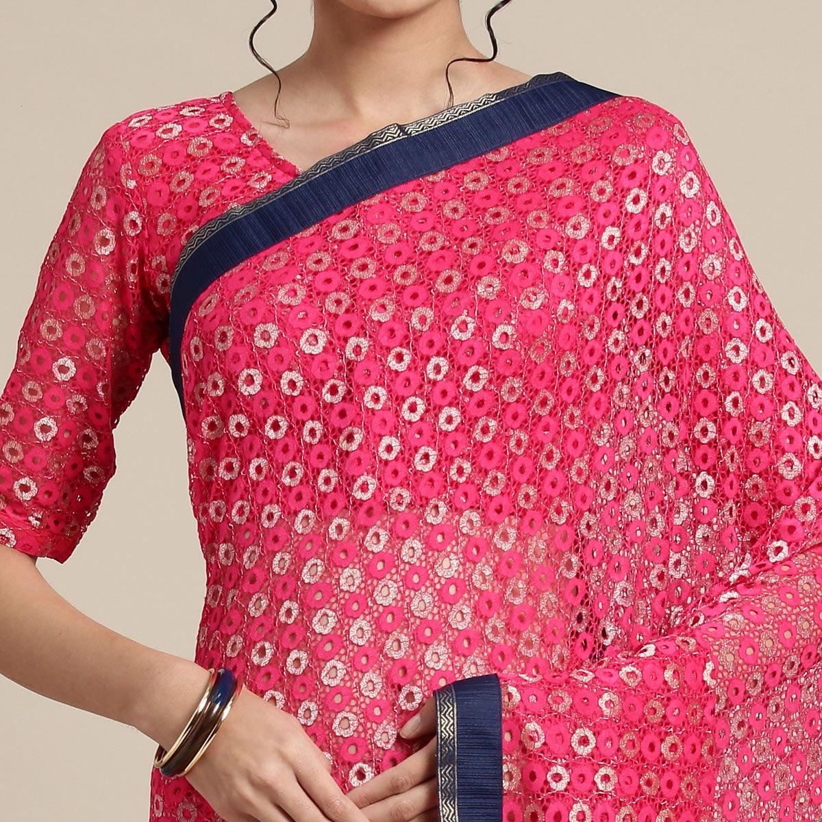 Captivating Pink Colored Partywear Net-Art Silk Saree