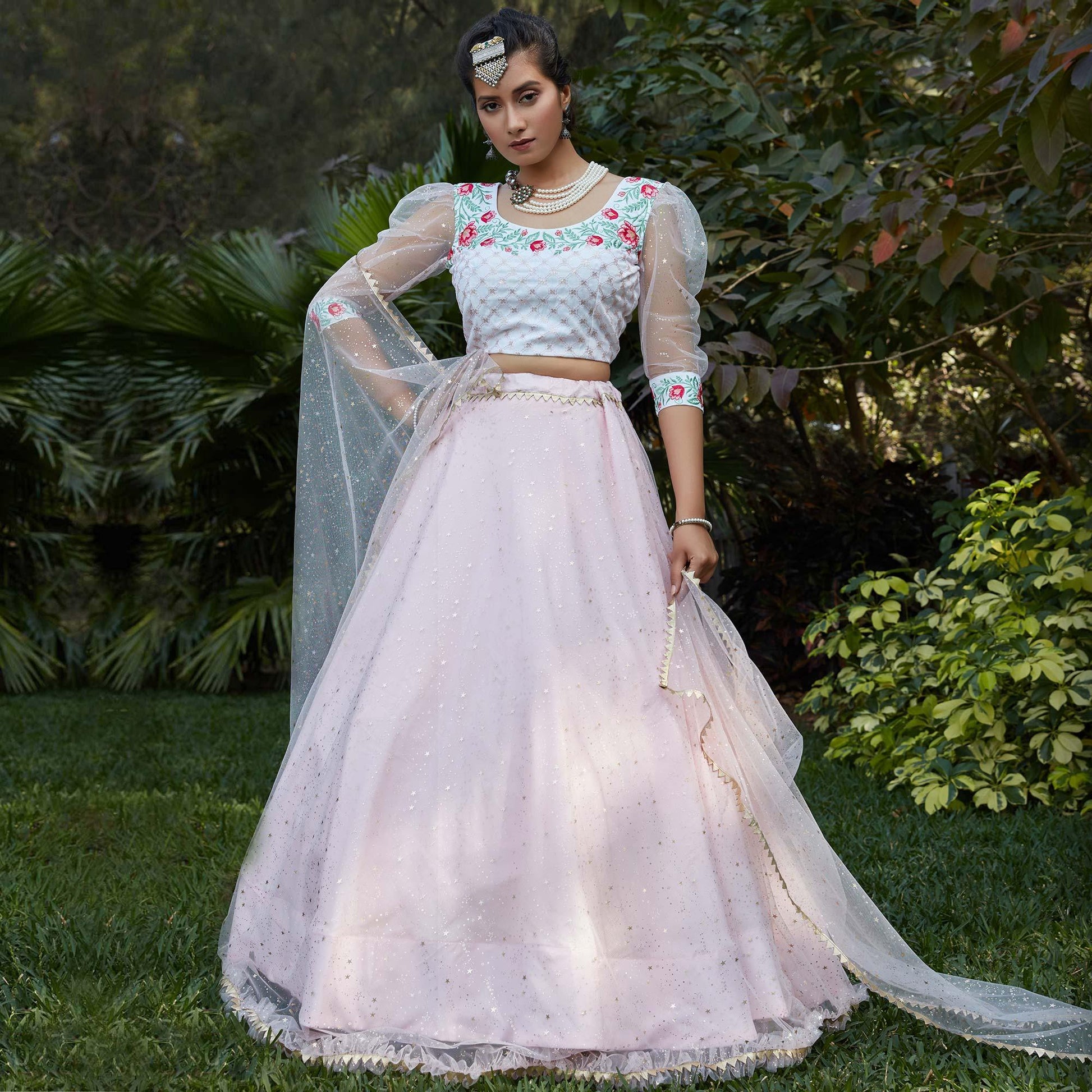 Captivating Pink Coloured Metallic Foil Printed Net Lehenga Choli