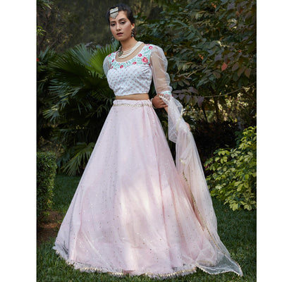 Captivating Pink Coloured Metallic Foil Printed Net Lehenga Choli