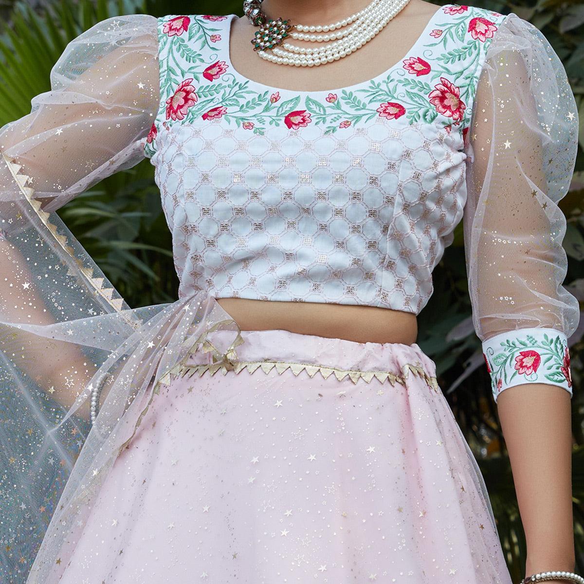 Captivating Pink Coloured Metallic Foil Printed Net Lehenga Choli