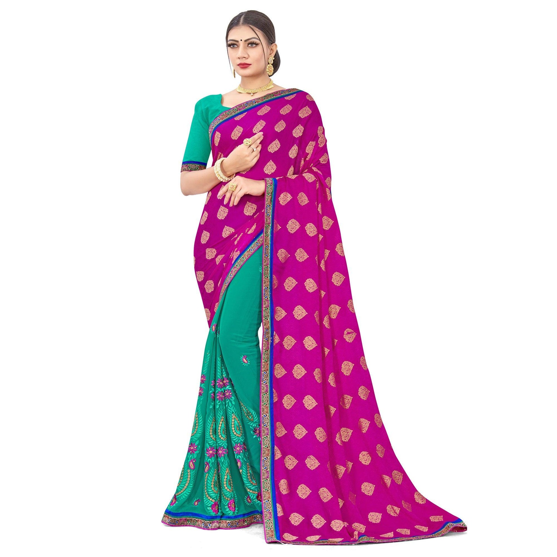 Captivating Pink-Turquoise Colored party Wear Embroidered Georgette Half-Half Saree