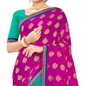Captivating Pink-Turquoise Colored party Wear Embroidered Georgette Half-Half Saree