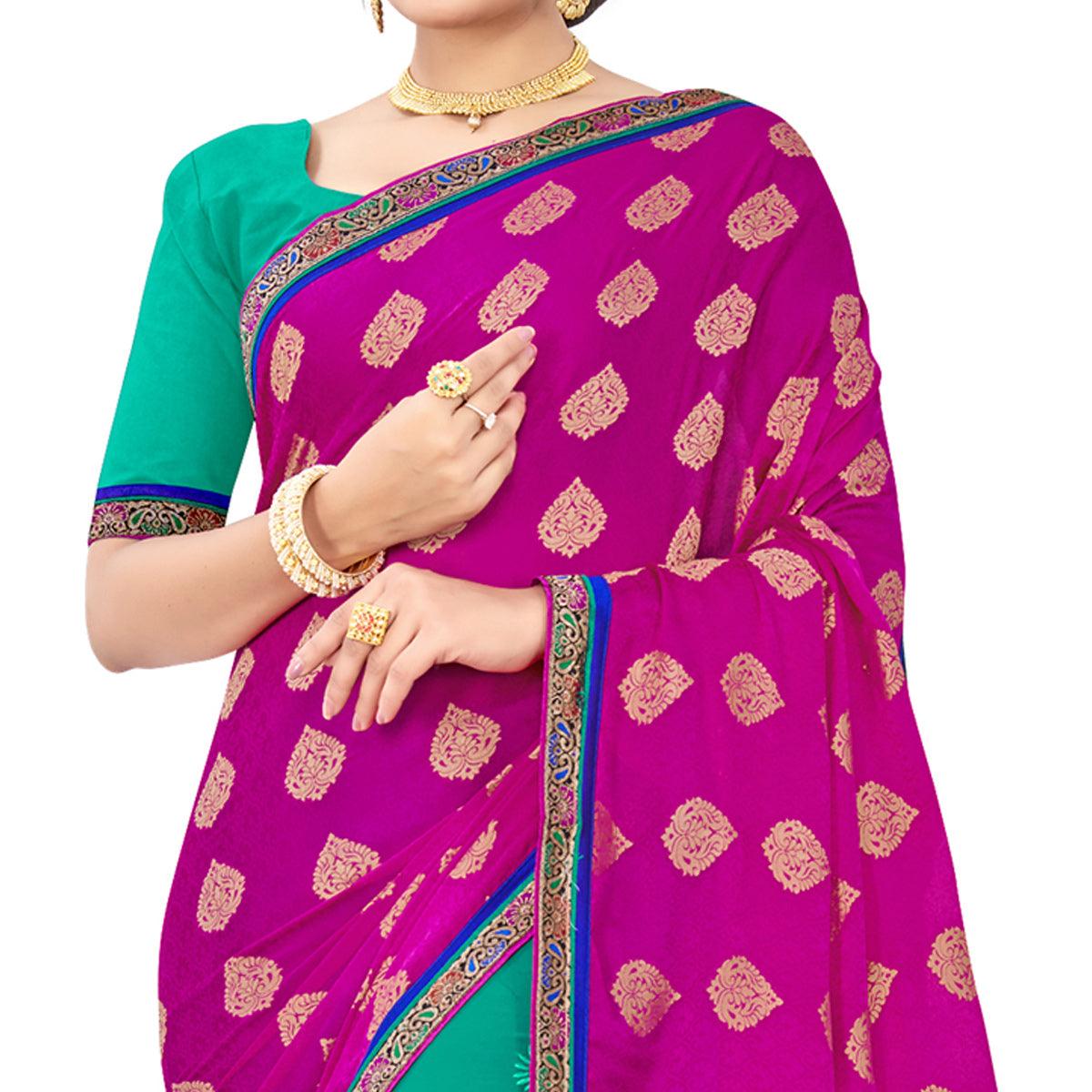 Captivating Pink-Turquoise Colored party Wear Embroidered Georgette Half-Half Saree