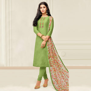 Captivating Pista Green Colored Casual Wear Embroidered Chanderi Dress Material