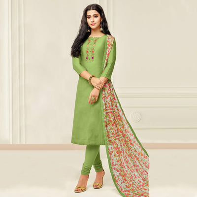 Captivating Pista Green Colored Casual Wear Embroidered Chanderi Dress Material