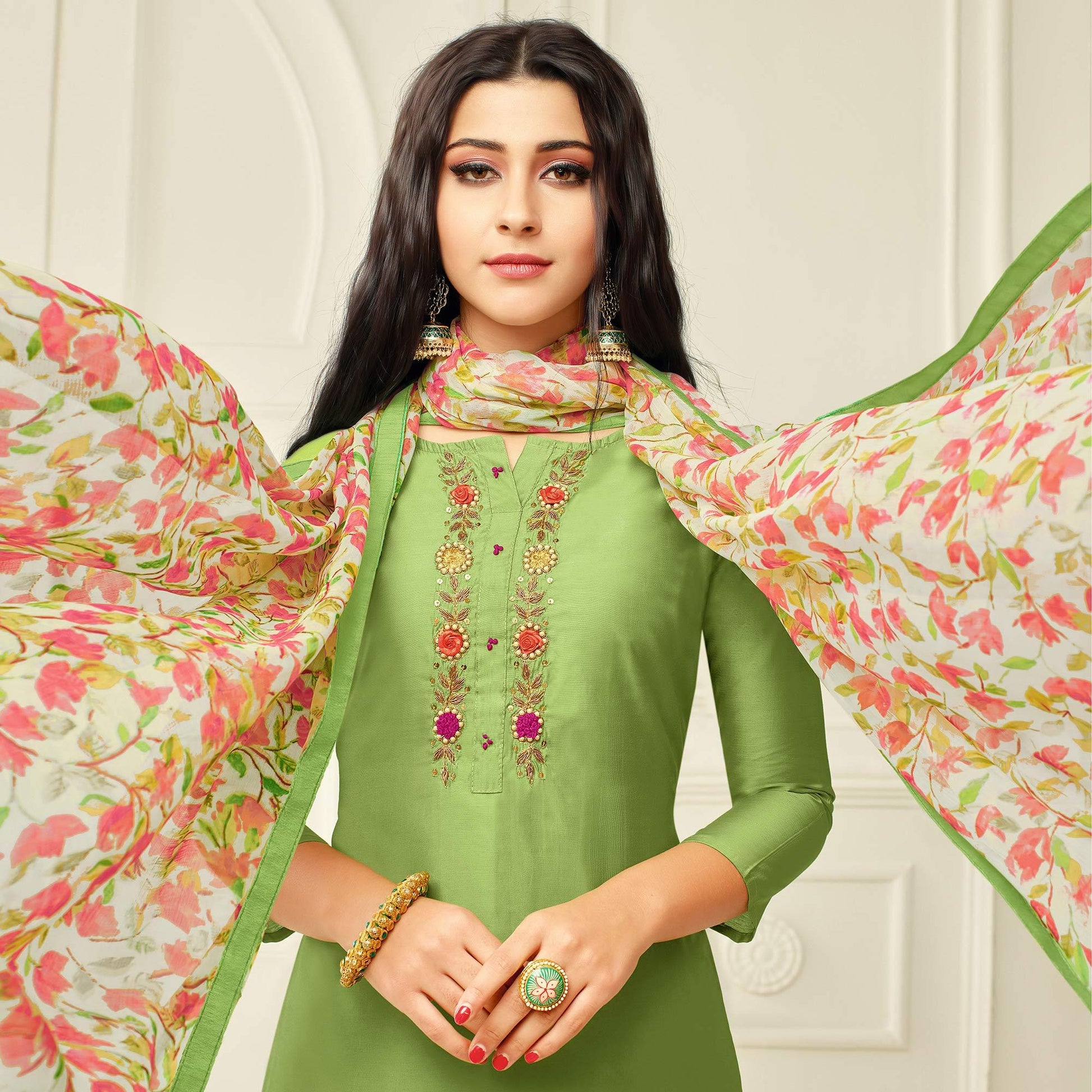 Captivating Pista Green Colored Casual Wear Embroidered Chanderi Dress Material