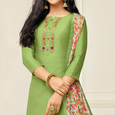 Captivating Pista Green Colored Casual Wear Embroidered Chanderi Dress Material