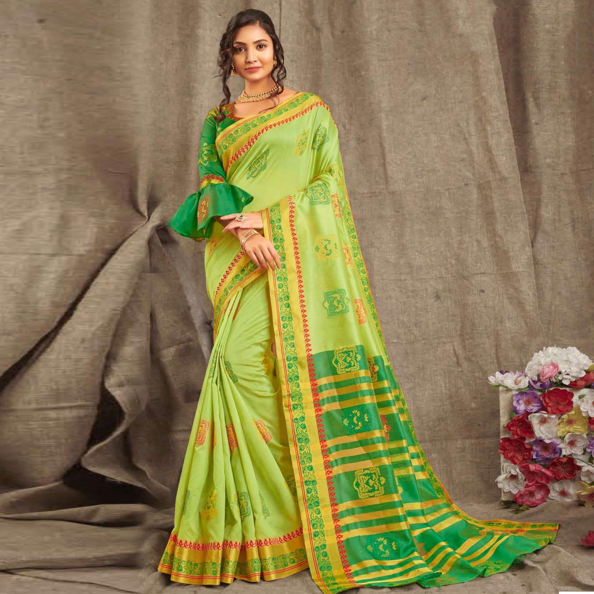 Captivating Pista Green Colored Festive Wear Woven Cotton Handloom Saree