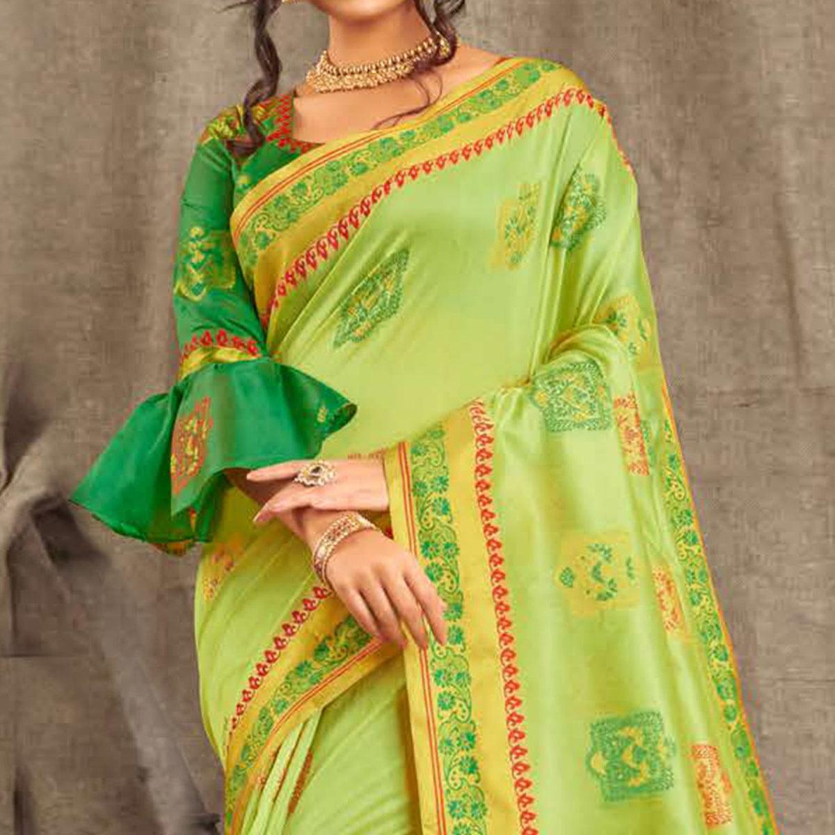 Captivating Pista Green Colored Festive Wear Woven Cotton Handloom Saree