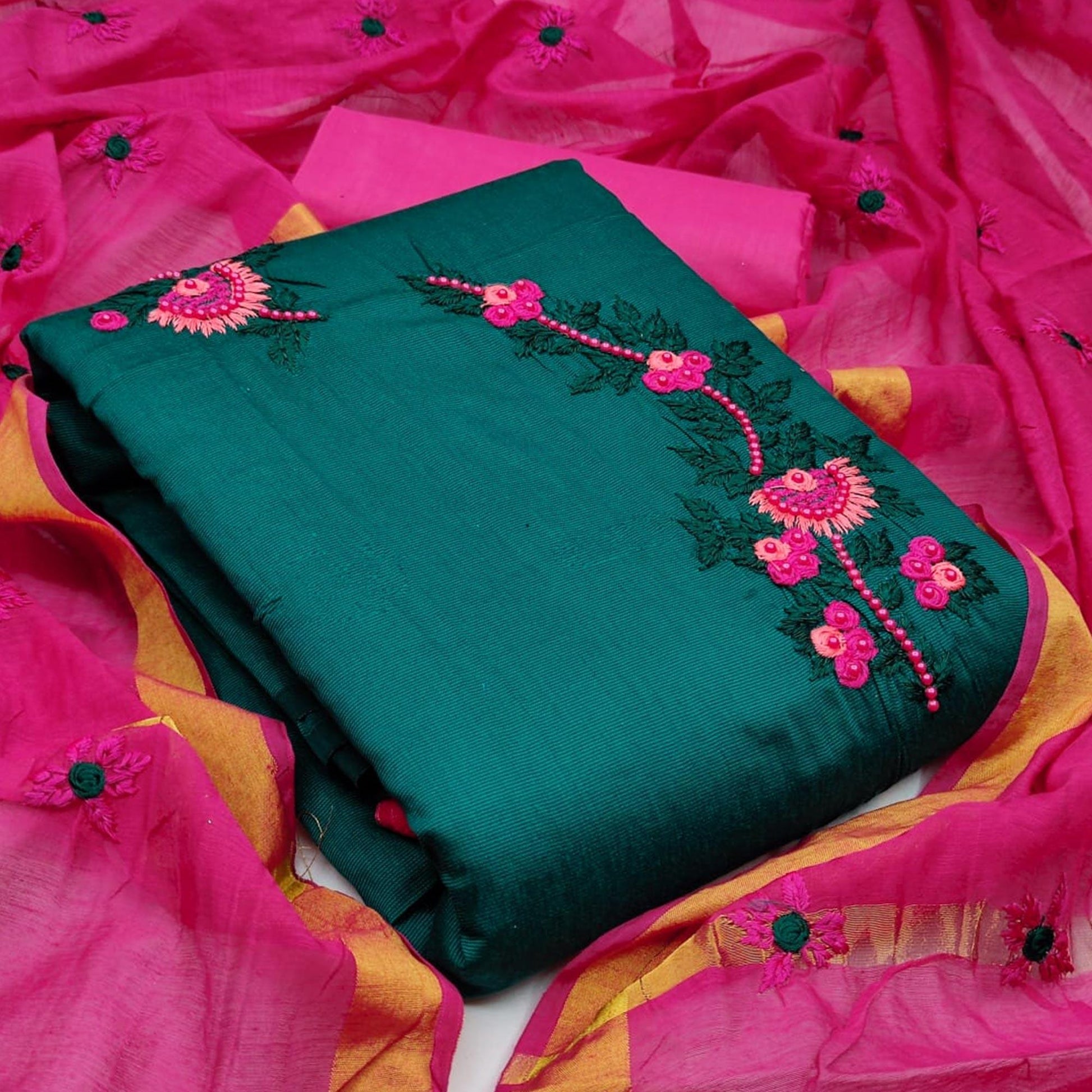 Captivating Rama Colored Casual Wear Embroidered Cotton Dress Material