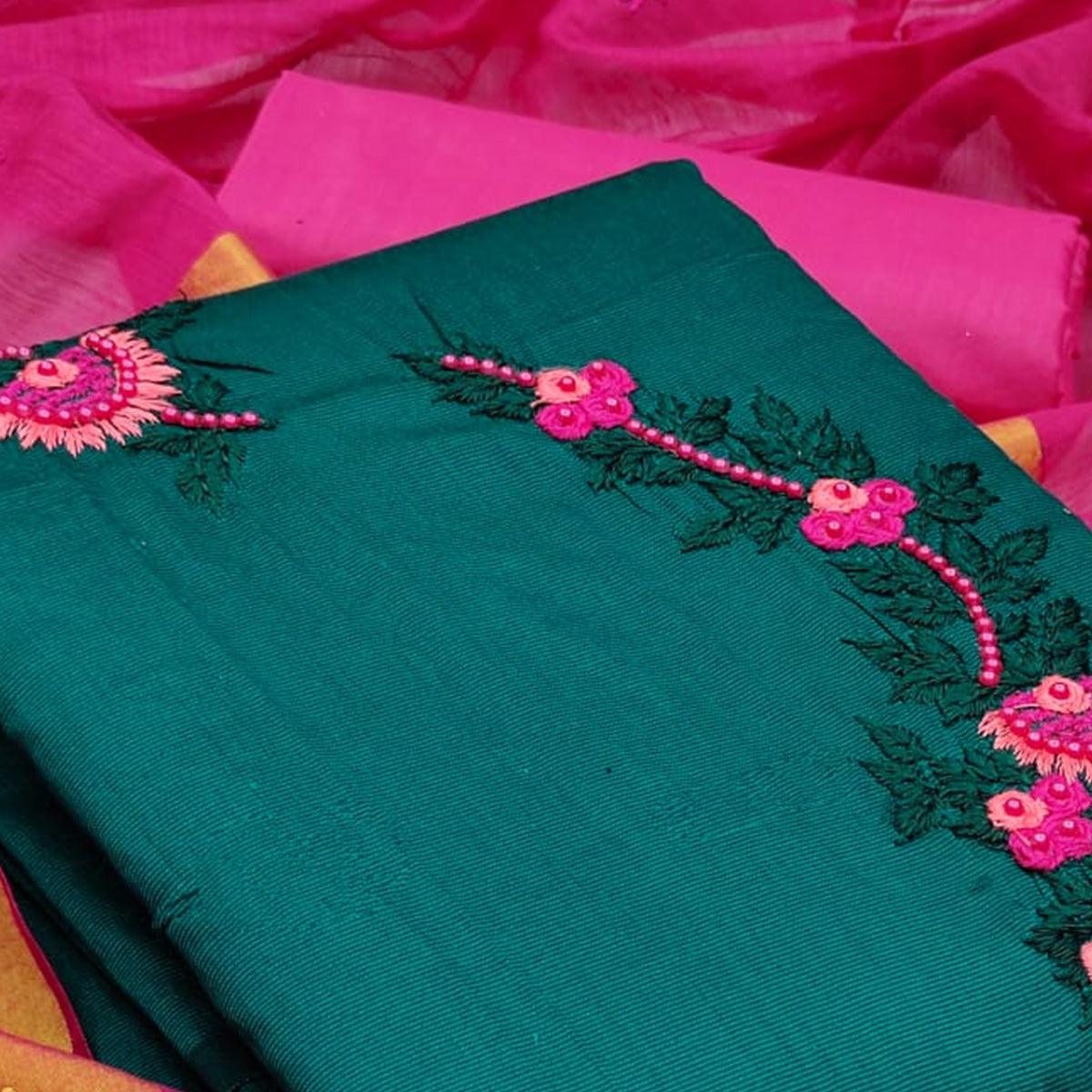 Captivating Rama Colored Casual Wear Embroidered Cotton Dress Material