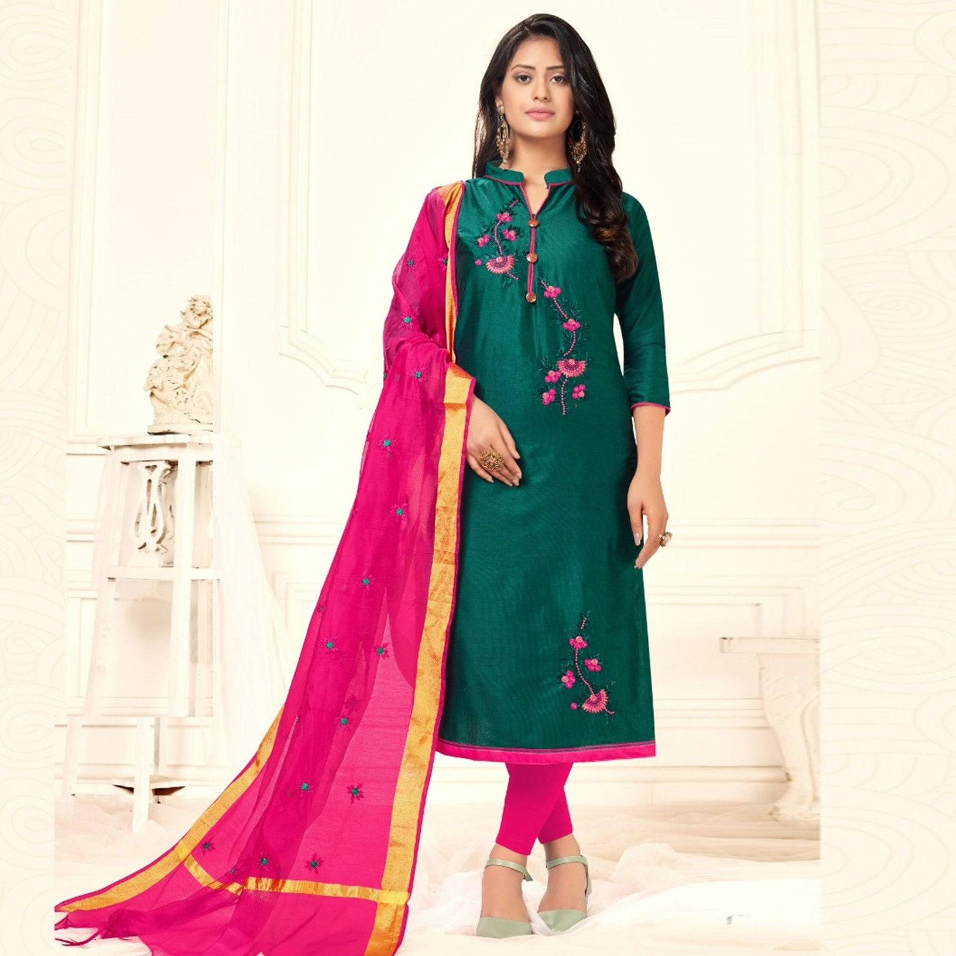 Captivating Rama Colored Casual Wear Embroidered Cotton Dress Material