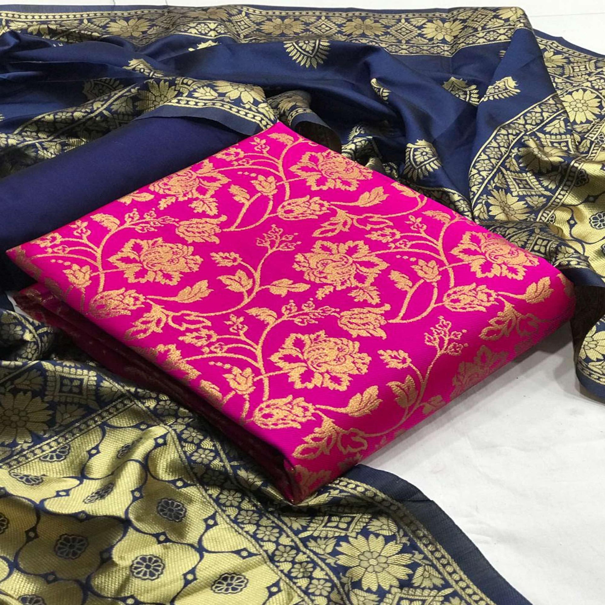 Captivating Rani Colored Casual Wear Woven Banarasi Silk Dress Material