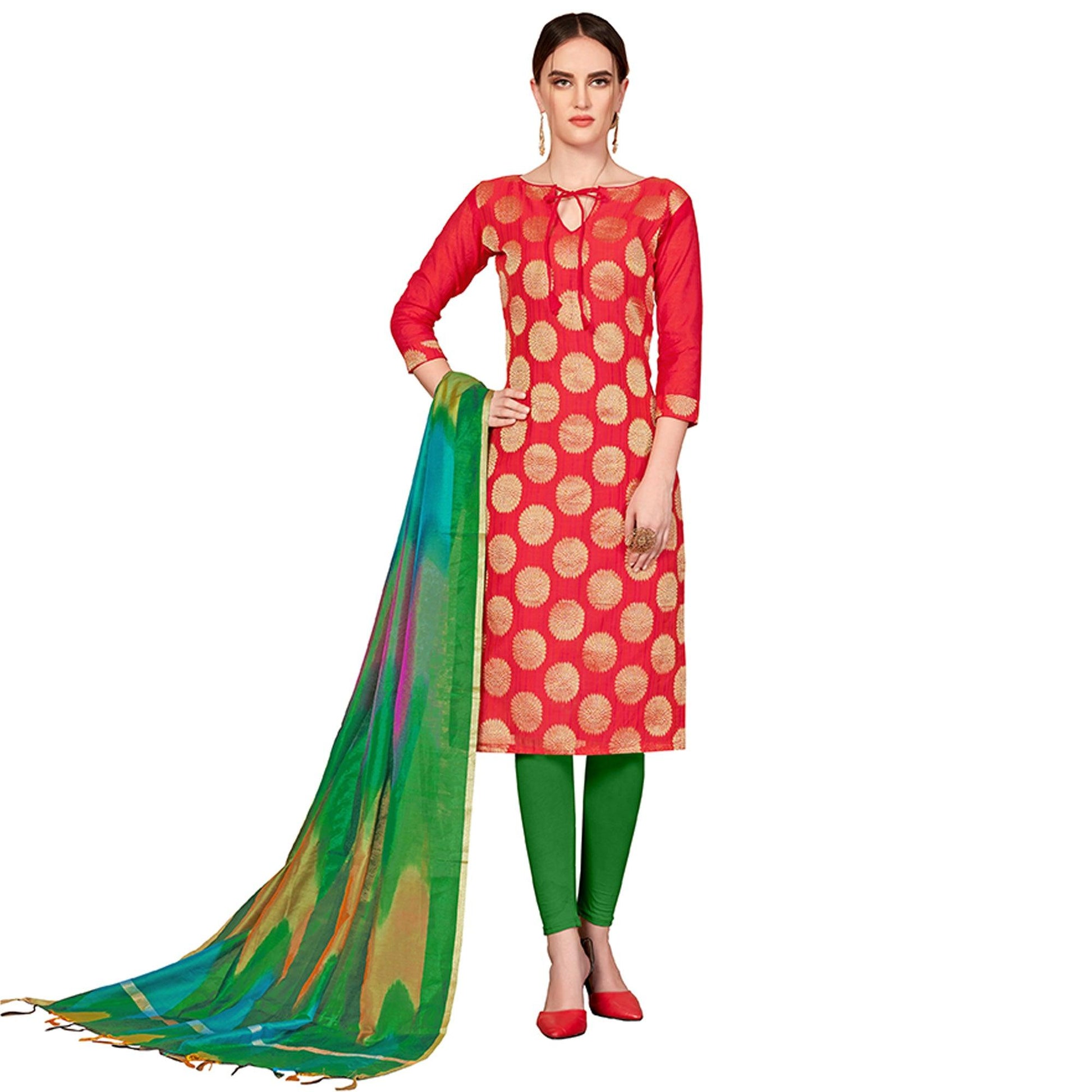 Captivating Red Colored Casual Wear Woven Banarasi Silk Dress Material