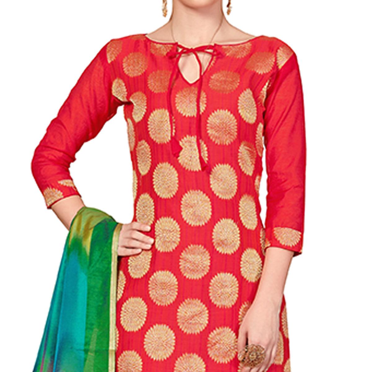 Captivating Red Colored Casual Wear Woven Banarasi Silk Dress Material