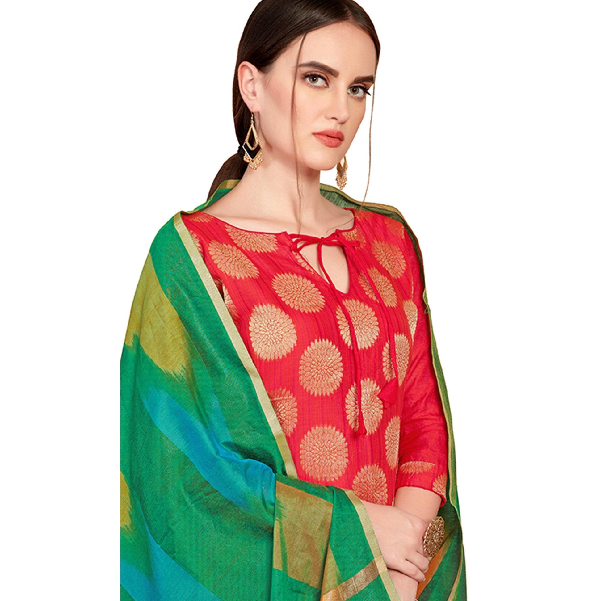 Captivating Red Colored Casual Wear Woven Banarasi Silk Dress Material