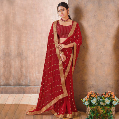 Captivating Red Colored Festive Wear Foil Printed Georgette Saree