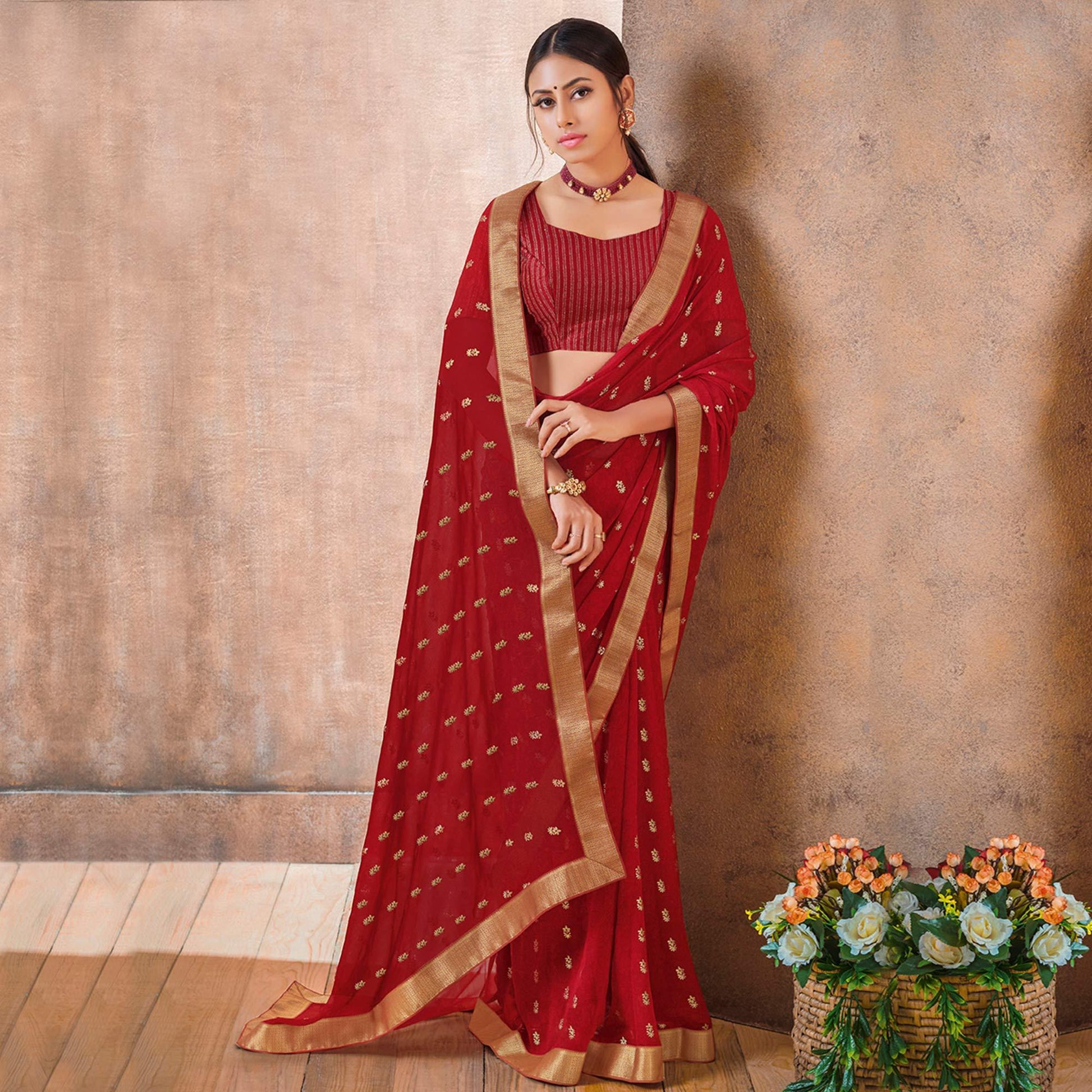 Captivating Red Colored Festive Wear Foil Printed Georgette Saree