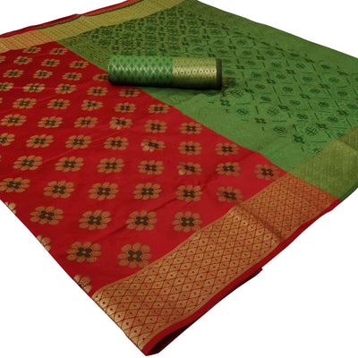 Captivating Red Colored Festive Wear Woven Silk Saree