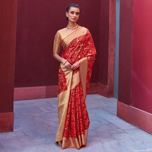 Captivating Red Colored Festive Wear Woven Silk Saree