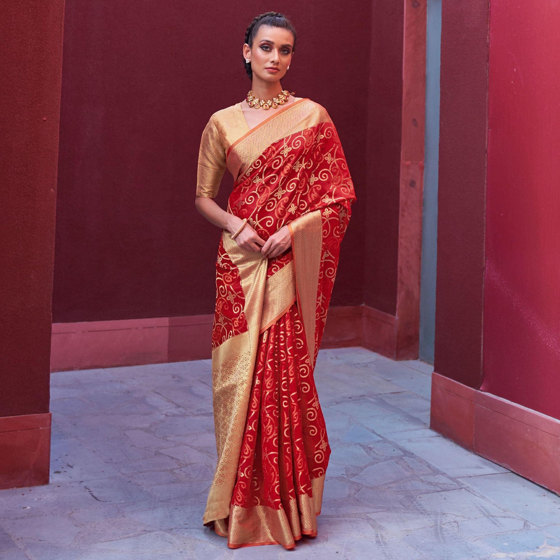 Captivating Red Colored Festive Wear Woven Silk Saree
