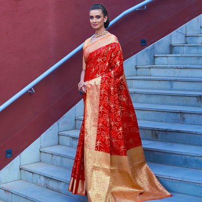 Captivating Red Colored Festive Wear Woven Silk Saree