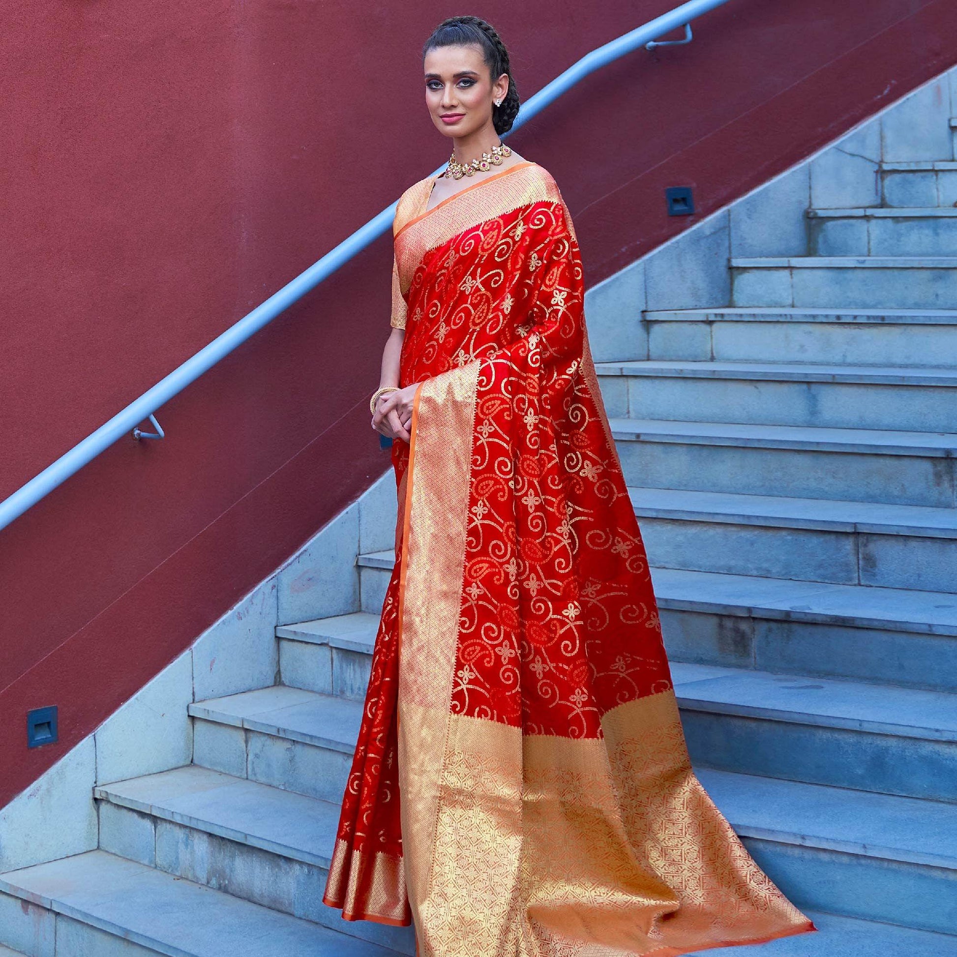 Captivating Red Colored Festive Wear Woven Silk Saree