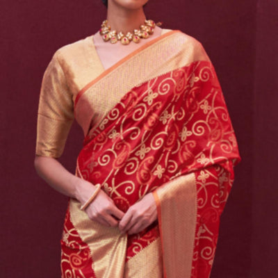 Captivating Red Colored Festive Wear Woven Silk Saree