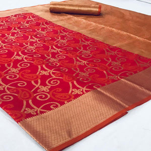 Captivating Red Colored Festive Wear Woven Silk Saree