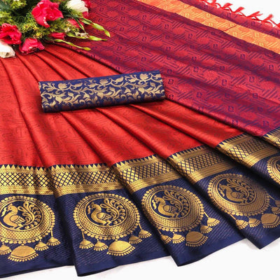 Captivating Red Coloured Casual Wear Printed Self Cotton Silk Saree