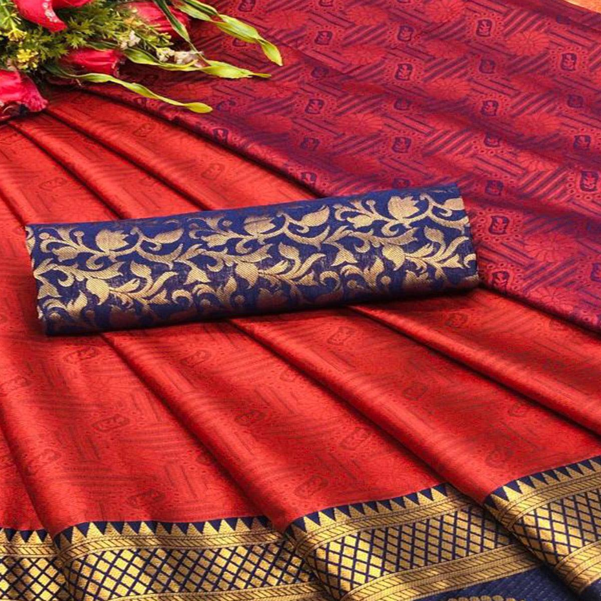 Captivating Red Coloured Casual Wear Printed Self Cotton Silk Saree