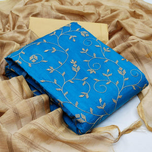 Captivating Sky Blue Colored Casual Wear Embroidered Chanderi Dress Material