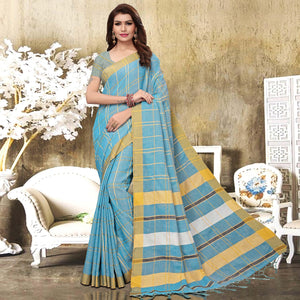 Captivating Sky Blue Colored Festive Wear Checks Print Pure Linen Saree