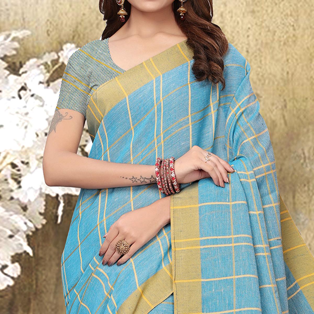 Captivating Sky Blue Colored Festive Wear Checks Print Pure Linen Saree