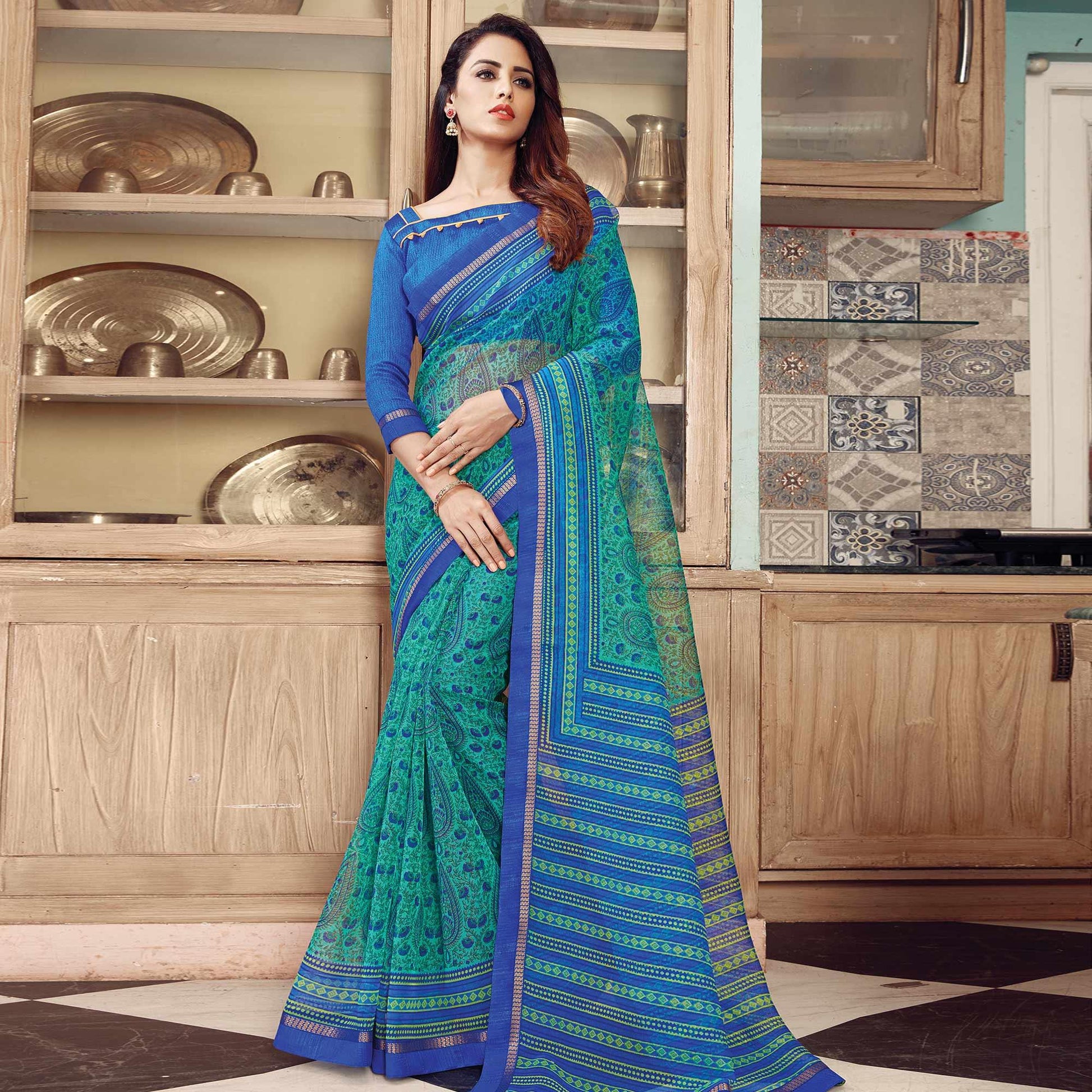 Captivating Turquoise Green Colored Partywear Printed Silk Saree