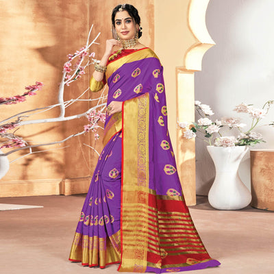 Captivating Violet Colored Festive Wear Woven Silk Saree
