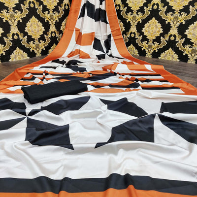 Captivating White Colored Casual Wear Digital Printed Satin Saree