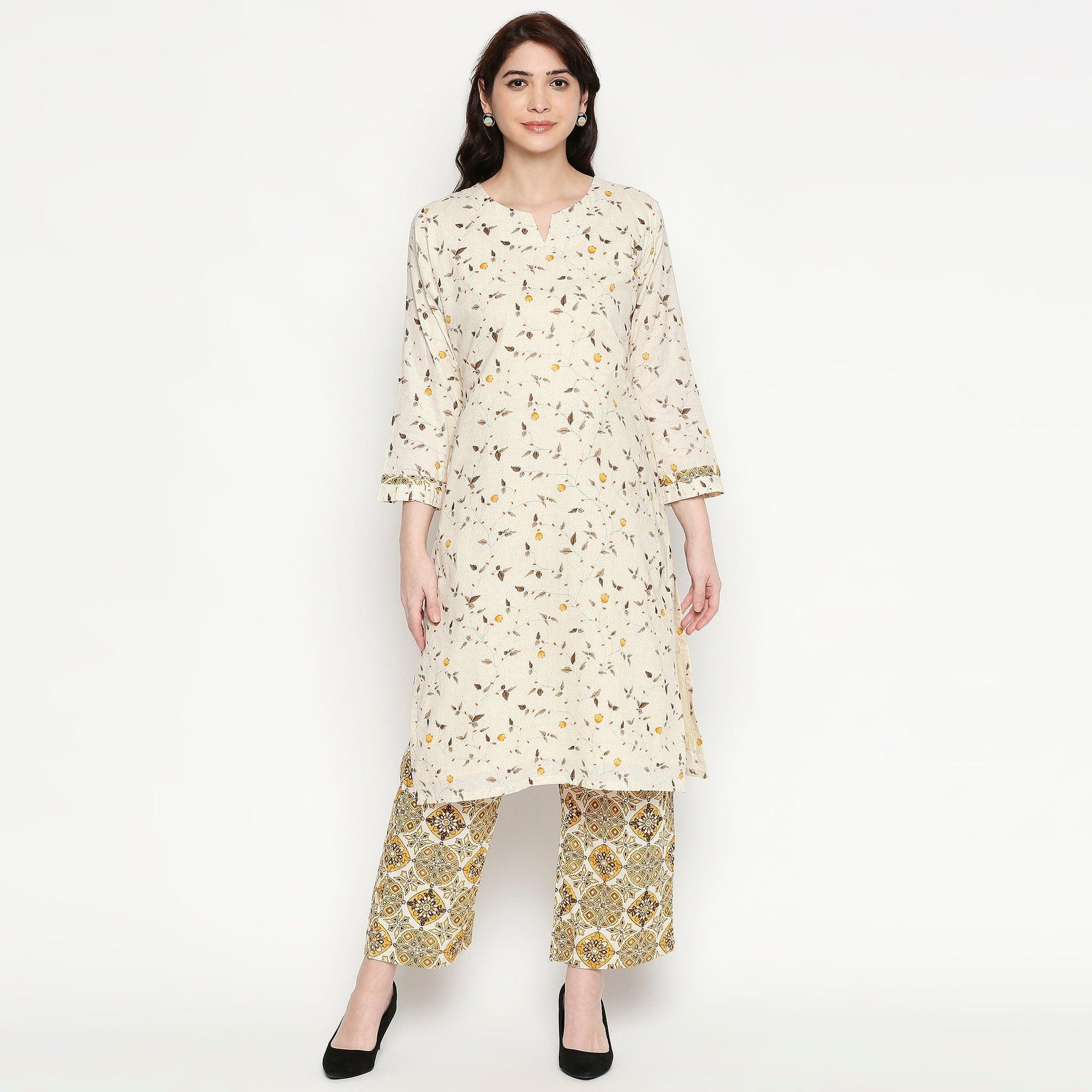 Captivating White Colored Casual Wear Printed Cotton Kurti-Palazzo Set