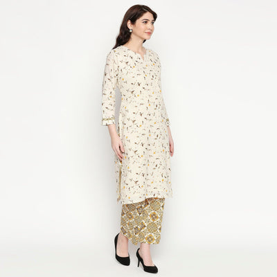Captivating White Colored Casual Wear Printed Cotton Kurti-Palazzo Set