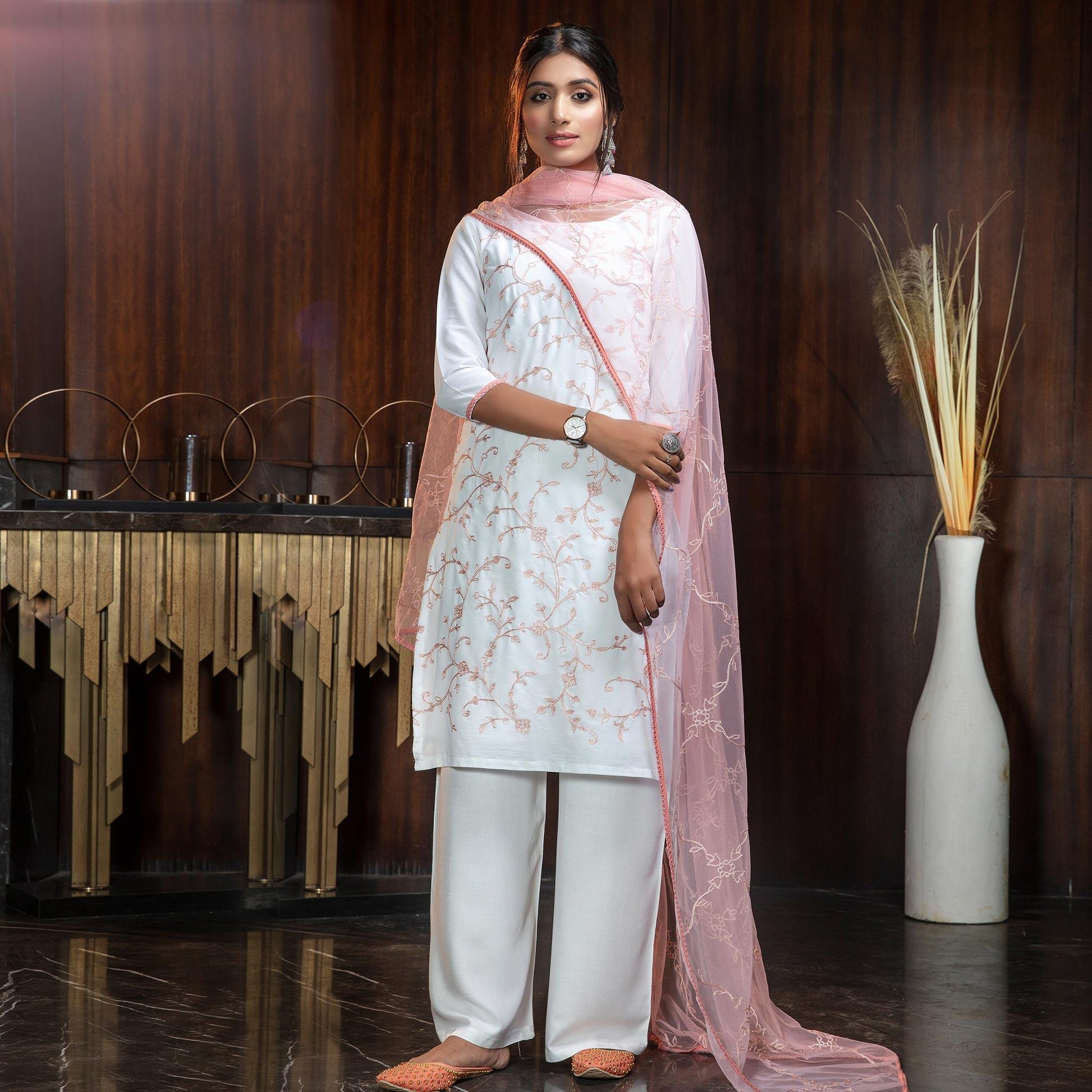 Captivating White Colored Partywear Embroidered Gerogette Palazzo Suit