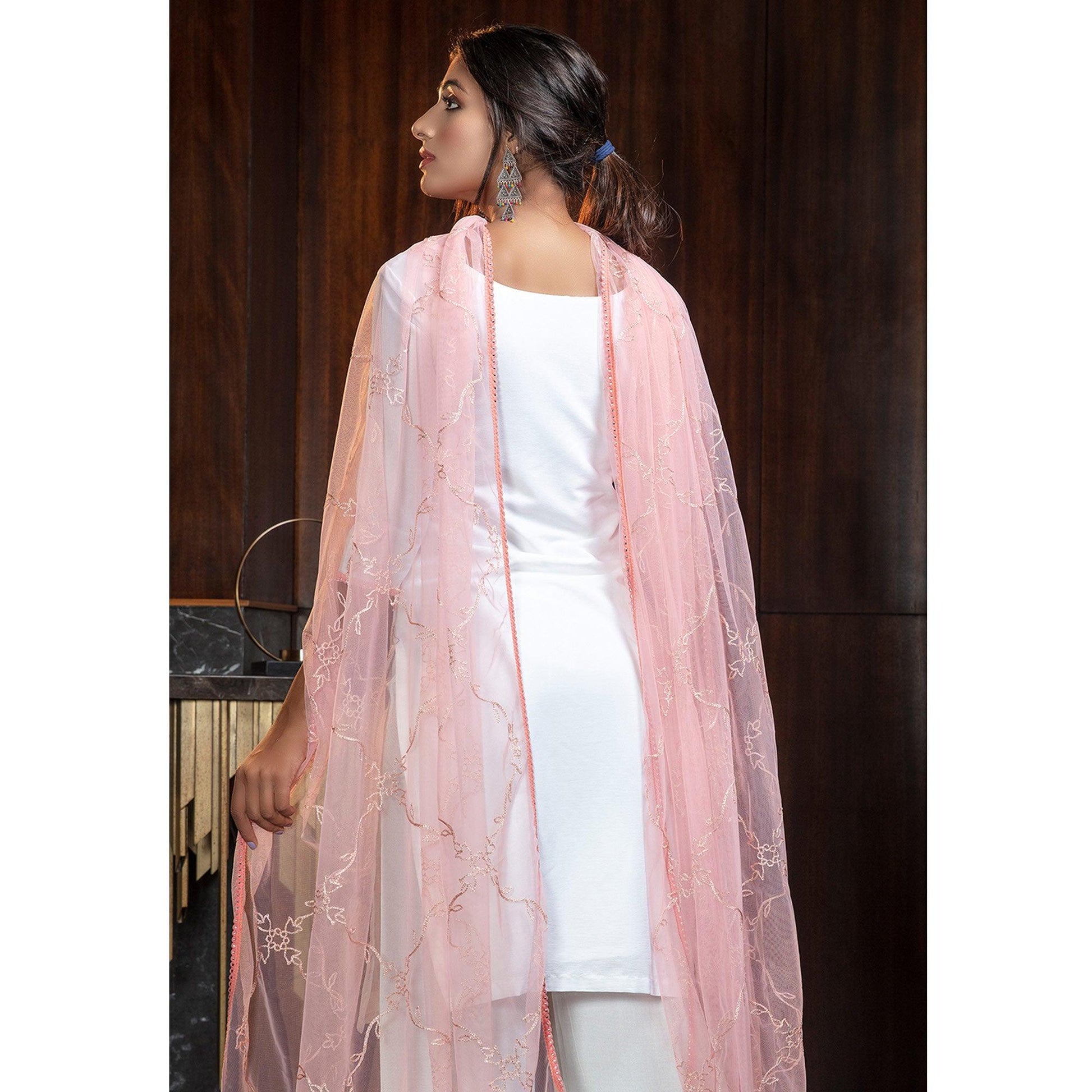 Captivating White Colored Partywear Embroidered Gerogette Palazzo Suit