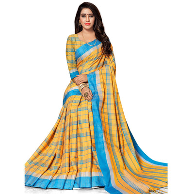 Captivating Yellow Colored Fesive Wear Stripe Print Cotton Silk Saree With Tassels