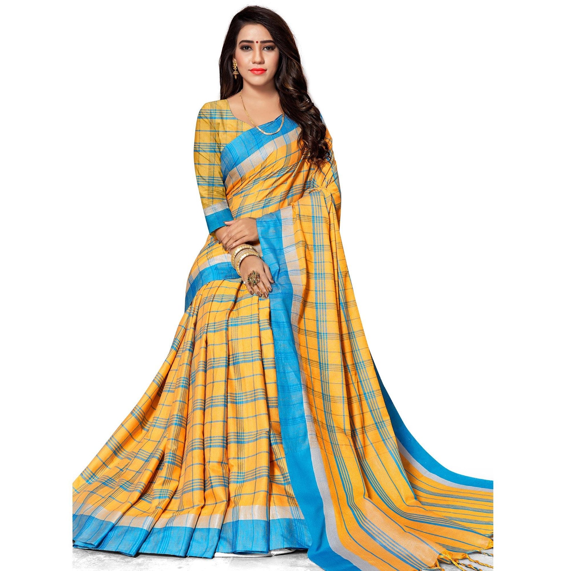 Captivating Yellow Colored Fesive Wear Stripe Print Cotton Silk Saree With Tassels