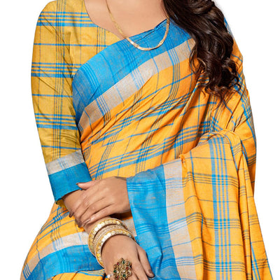Captivating Yellow Colored Fesive Wear Stripe Print Cotton Silk Saree With Tassels