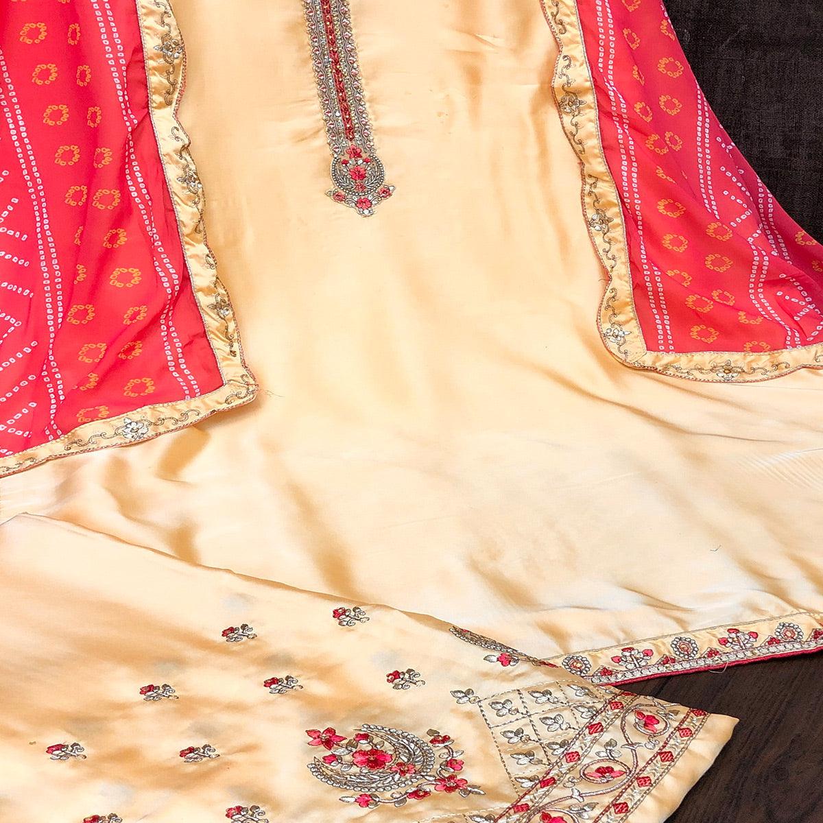 Captivating Yellow Colored Partywear Embroidered Muslin Satin Gharara Suit With Palazzo