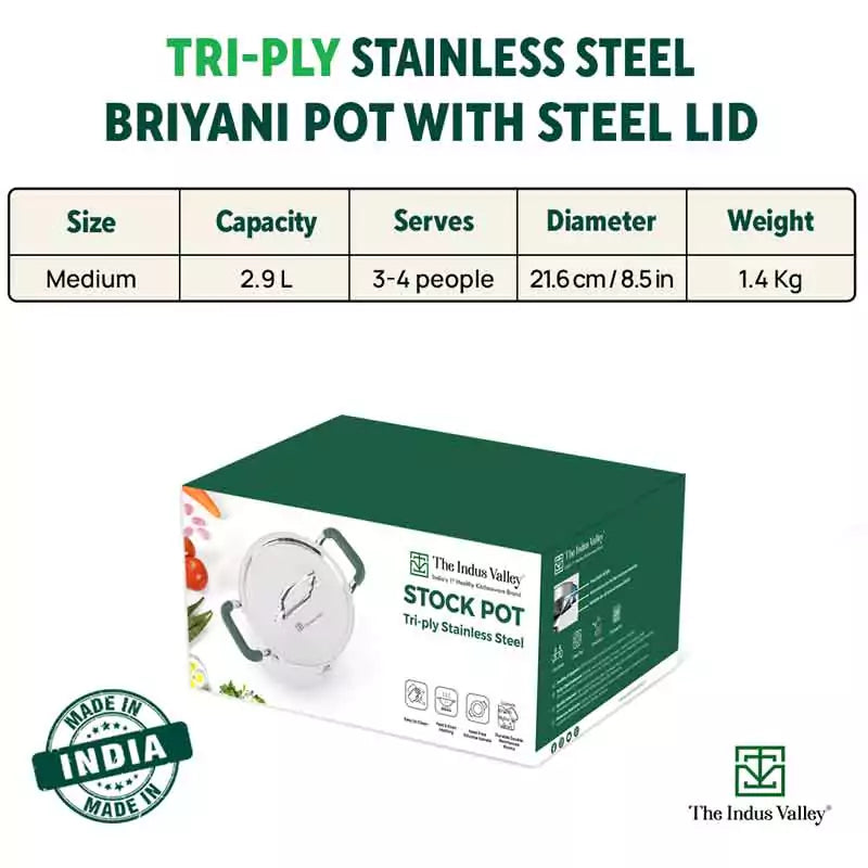 TurboCuk Tri-ply Stainless Steel Casserole/Biryani Cooking Pot+ Steel Lid, Premium 3 Layer Body, Cool Silicone Handles, Induction, Non-stick, 2.9L