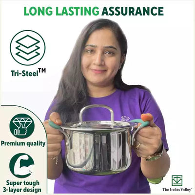 TurboCuk Tri-ply Stainless Steel Casserole/Biryani Cooking Pot+ Steel Lid, Premium 3 Layer Body, Cool Silicone Handles, Induction, Non-stick, 2.9L