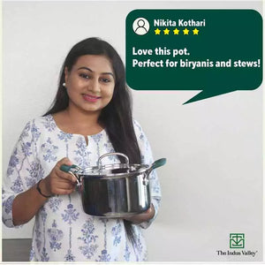 TurboCuk Tri-ply Stainless Steel Casserole/Biryani Cooking Pot+ Steel Lid, Premium 3 Layer Body, Cool Silicone Handles, Induction, Non-stick, 2.9L
