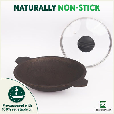 CASTrong Cast Iron Appam Pan/Appachetty, Glass Lid, Pre-seasoned, Nonstick, 100% Pure, Toxin-free, Induction, 22cm, 1.5kg