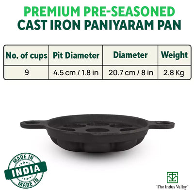 Super Smooth 9 Pit/Cup Cast Iron Paniyaram/Appe Pan+ Free Spatula, Pre-seasoned, Natural Nonstick, 100% Pure, Toxin-free, 21 cm, 2.8kg